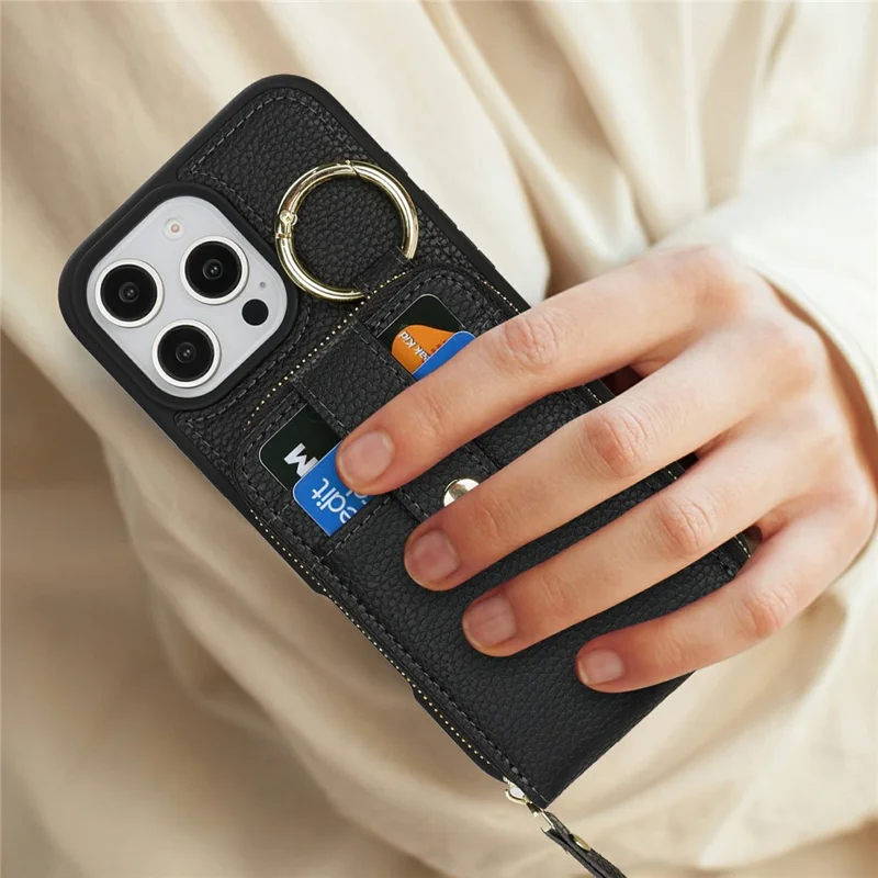 For iPhone 16 Pro Case with Zipper Pouch / Ring Kickstand / Strap Litchi Texture PU + TPU Phone Cover - Black