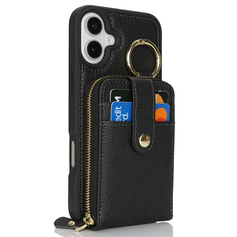 For iPhone 16 Plus Case with Zipper Pouch / Ring Kickstand / Strap Litchi Texture PU + TPU Phone Cover - Black
