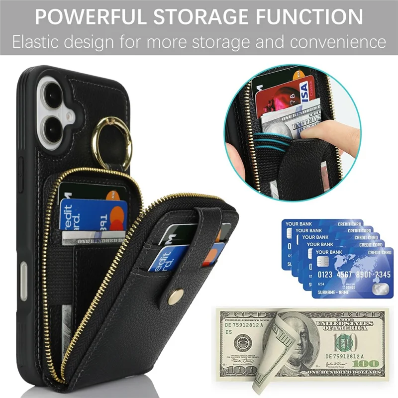 For iPhone 16 Plus Case with Zipper Pouch / Ring Kickstand / Strap Litchi Texture PU + TPU Phone Cover - Black