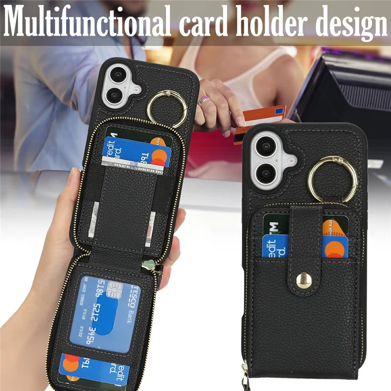 For iPhone 16 Plus Case with Zipper Pouch / Ring Kickstand / Strap Litchi Texture PU + TPU Phone Cover - Black