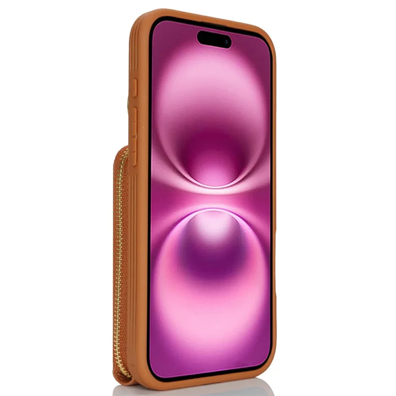For iPhone 16 Plus Case with Zipper Pouch / Ring Kickstand / Strap Litchi Texture PU + TPU Phone Cover - Brown