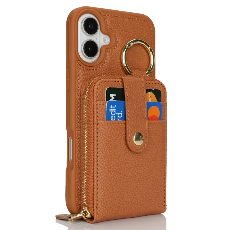 For iPhone 16 Plus Case with Zipper Pouch / Ring Kickstand / Strap Litchi Texture PU + TPU Phone Cover - Brown