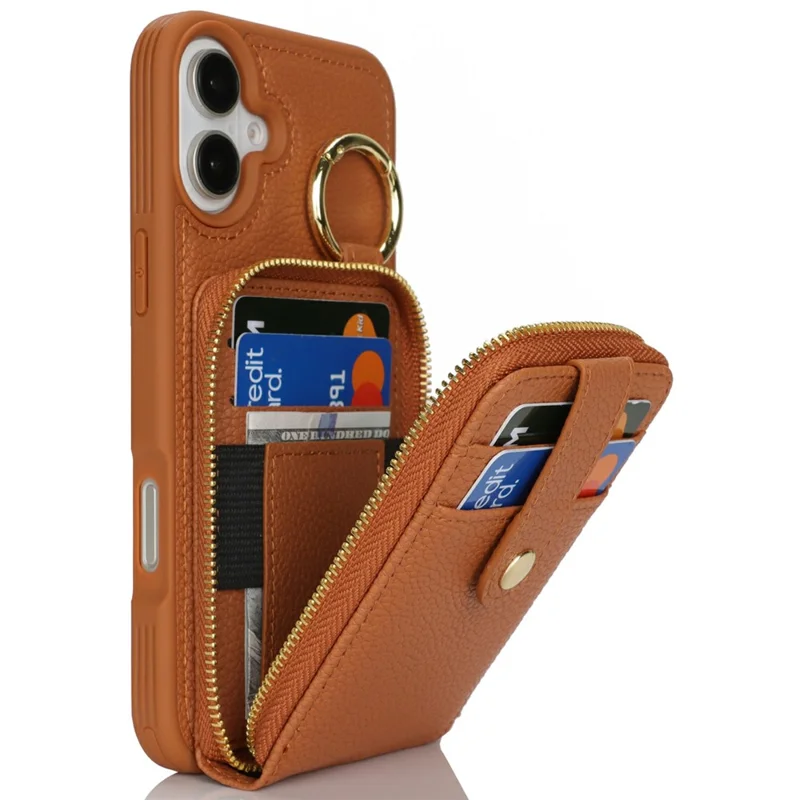 For iPhone 16 Plus Case with Zipper Pouch / Ring Kickstand / Strap Litchi Texture PU + TPU Phone Cover - Brown
