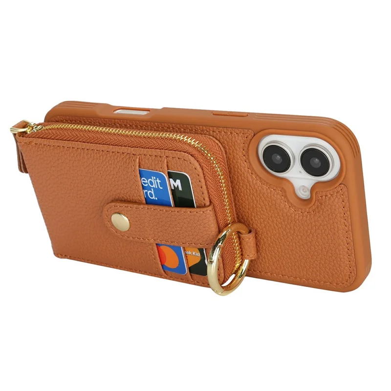 For iPhone 16 Plus Case with Zipper Pouch / Ring Kickstand / Strap Litchi Texture PU + TPU Phone Cover - Brown