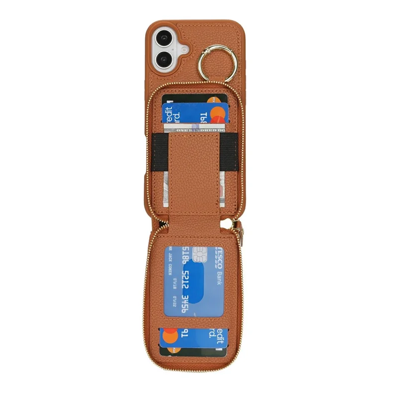 For iPhone 16 Plus Case with Zipper Pouch / Ring Kickstand / Strap Litchi Texture PU + TPU Phone Cover - Brown