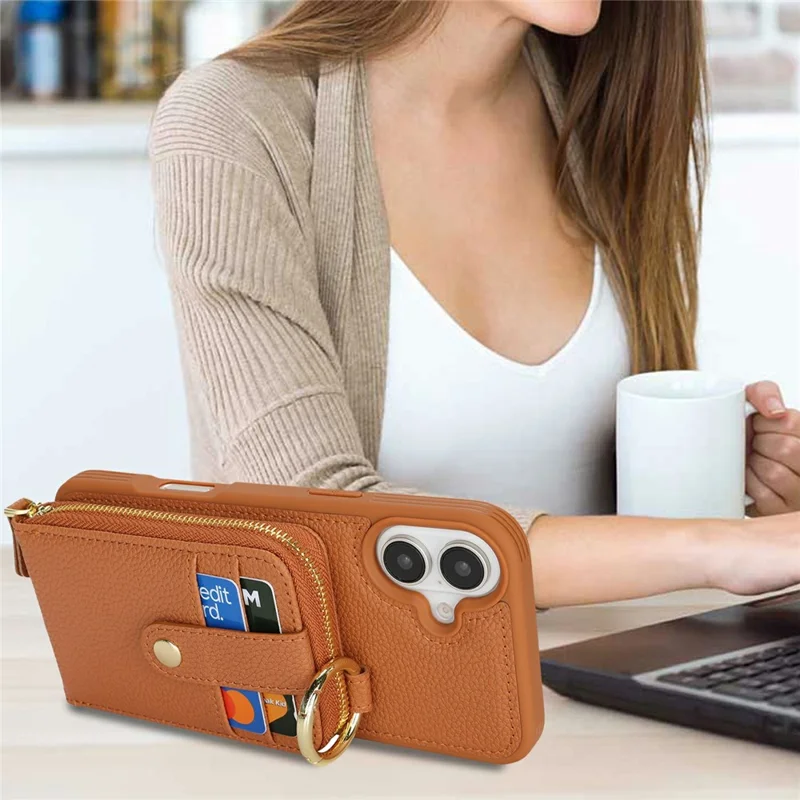 For iPhone 16 Plus Case with Zipper Pouch / Ring Kickstand / Strap Litchi Texture PU + TPU Phone Cover - Brown