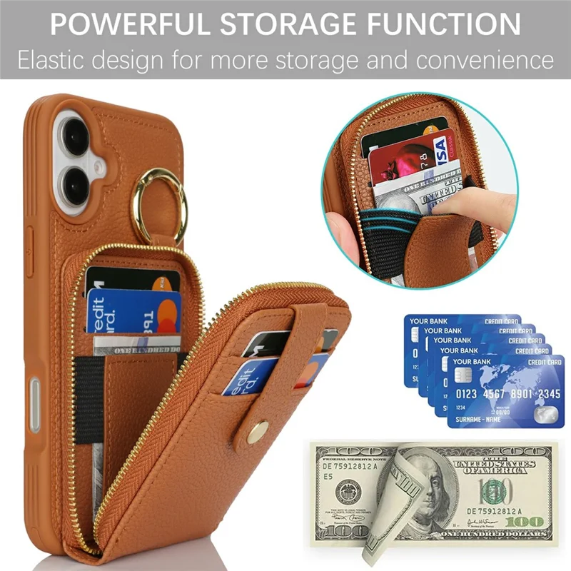 For iPhone 16 Plus Case with Zipper Pouch / Ring Kickstand / Strap Litchi Texture PU + TPU Phone Cover - Brown