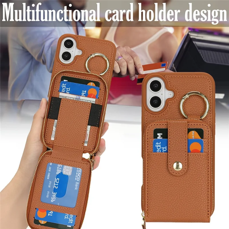For iPhone 16 Plus Case with Zipper Pouch / Ring Kickstand / Strap Litchi Texture PU + TPU Phone Cover - Brown