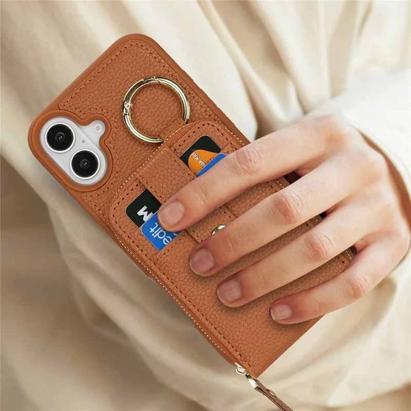 For iPhone 16 Plus Case with Zipper Pouch / Ring Kickstand / Strap Litchi Texture PU + TPU Phone Cover - Brown