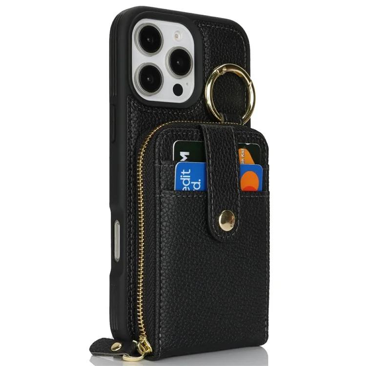 For iPhone 16 Pro Max Case with Zipper Pouch / Ring Kickstand / Strap Litchi Texture PU + TPU Phone Cover - Black
