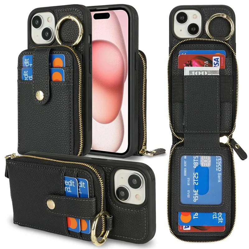 Étui pour iPhone 15 avec poche à fermeture éclair / Support anneau / Sangle Texture de litchi PU + Housse de téléphone TPU - Noir
