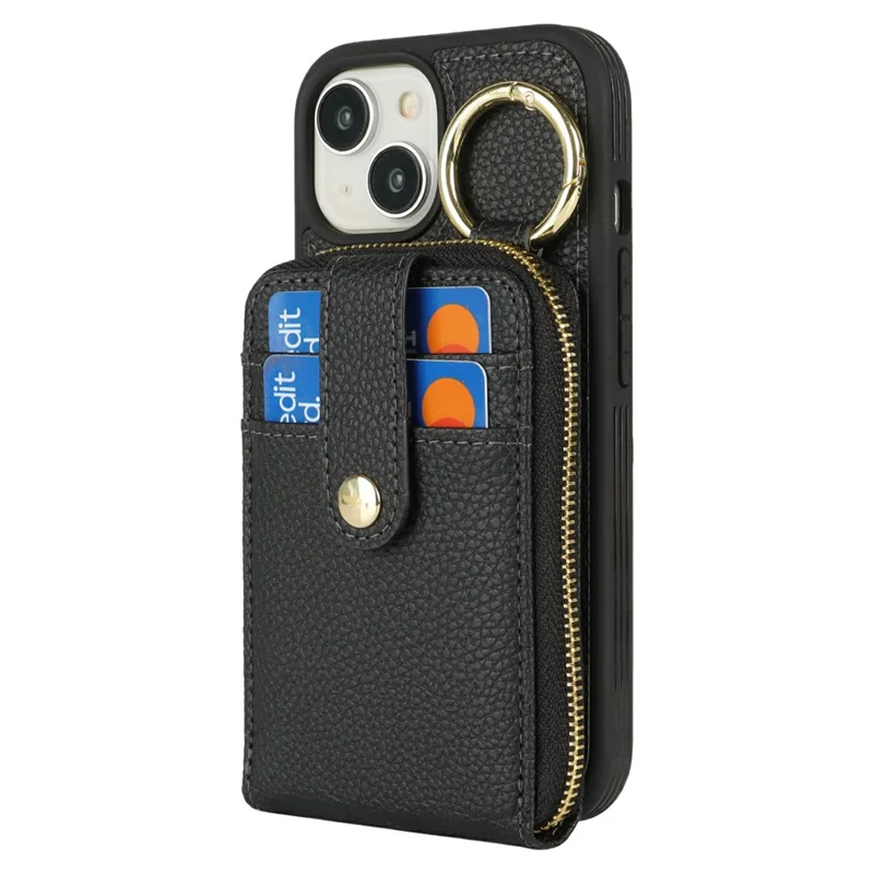 Étui pour iPhone 15 avec poche à fermeture éclair / Support anneau / Sangle Texture de litchi PU + Housse de téléphone TPU - Noir