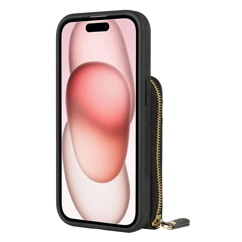 Étui pour iPhone 15 avec poche à fermeture éclair / Support anneau / Sangle Texture de litchi PU + Housse de téléphone TPU - Noir