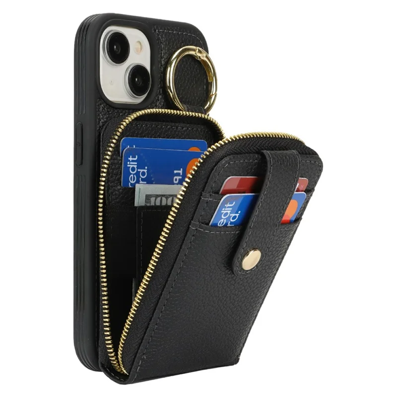 Étui pour iPhone 15 avec poche à fermeture éclair / Support anneau / Sangle Texture de litchi PU + Housse de téléphone TPU - Noir
