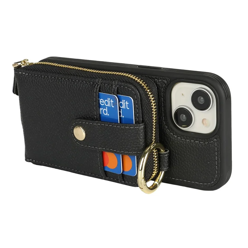 Étui pour iPhone 15 avec poche à fermeture éclair / Support anneau / Sangle Texture de litchi PU + Housse de téléphone TPU - Noir