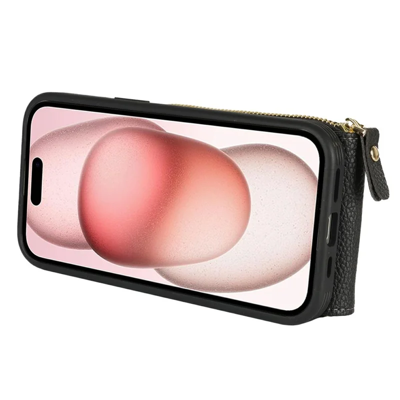 Étui pour iPhone 15 avec poche à fermeture éclair / Support anneau / Sangle Texture de litchi PU + Housse de téléphone TPU - Noir