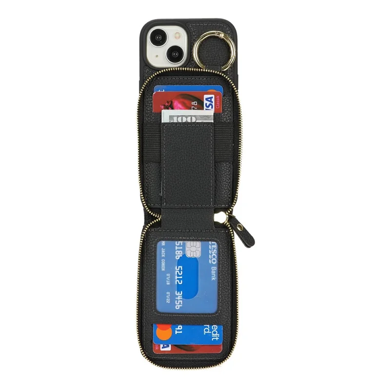 Étui pour iPhone 15 avec poche à fermeture éclair / Support anneau / Sangle Texture de litchi PU + Housse de téléphone TPU - Noir