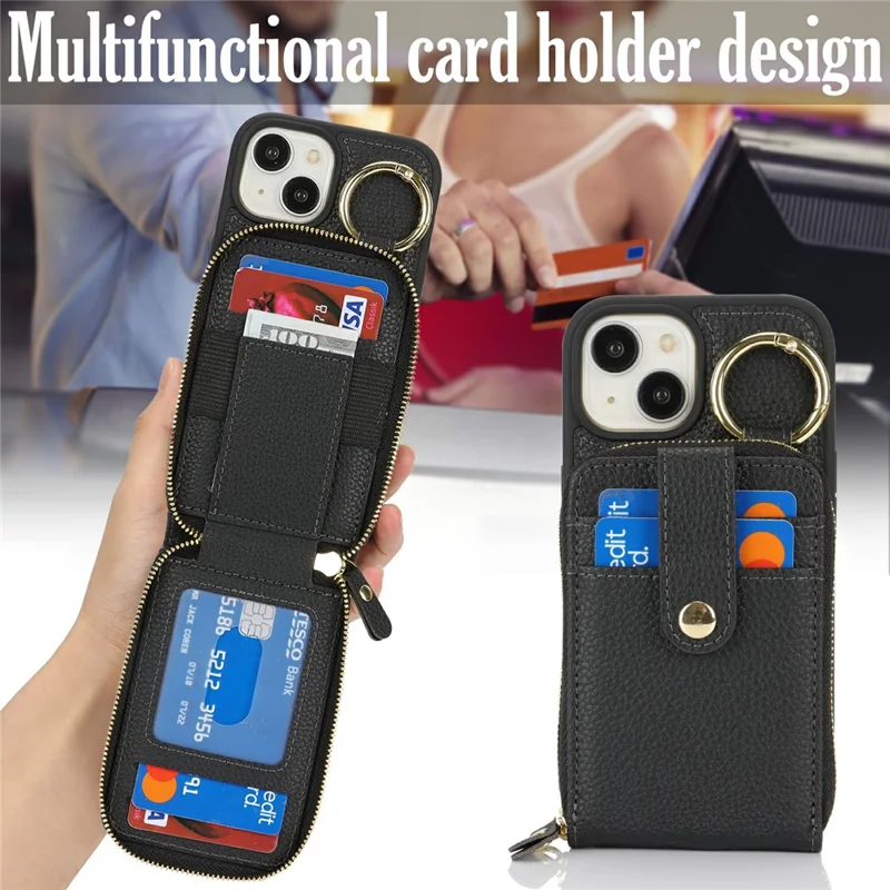 Étui pour iPhone 15 avec poche à fermeture éclair / Support anneau / Sangle Texture de litchi PU + Housse de téléphone TPU - Noir