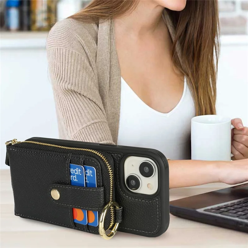 Étui pour iPhone 15 avec poche à fermeture éclair / Support anneau / Sangle Texture de litchi PU + Housse de téléphone TPU - Noir