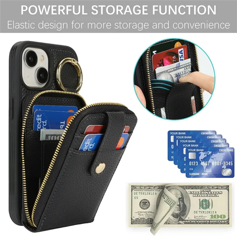 Étui pour iPhone 15 avec poche à fermeture éclair / Support anneau / Sangle Texture de litchi PU + Housse de téléphone TPU - Noir