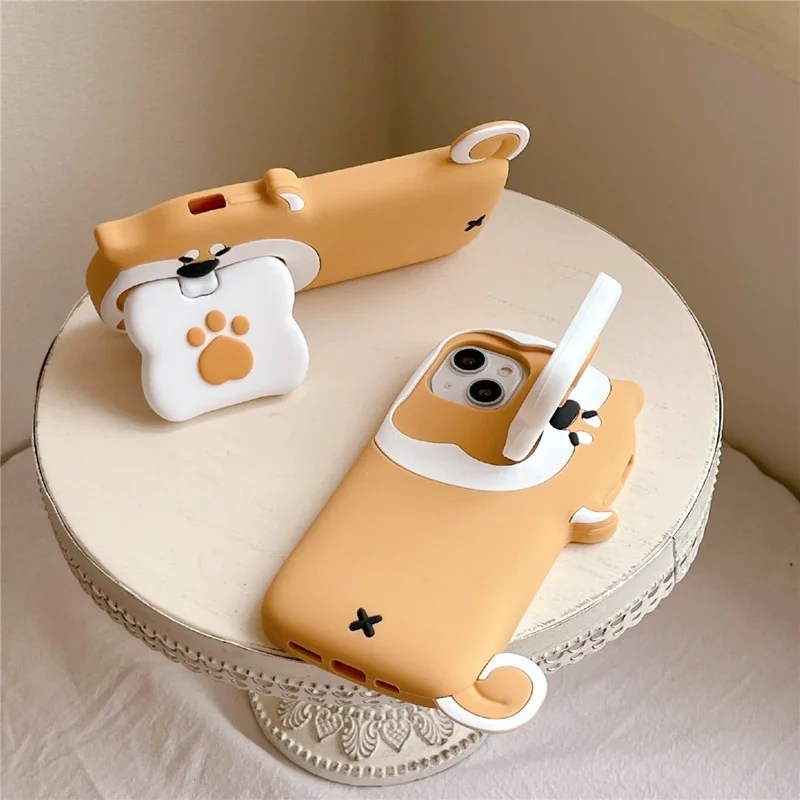 For iPhone 15 Silicone Case Dog Eating Bone Design Lens Cover Kickstand Phone Cover