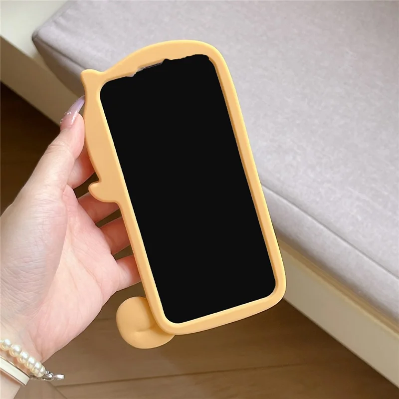 For iPhone 15 Silicone Case Dog Eating Bone Design Lens Cover Kickstand Phone Cover