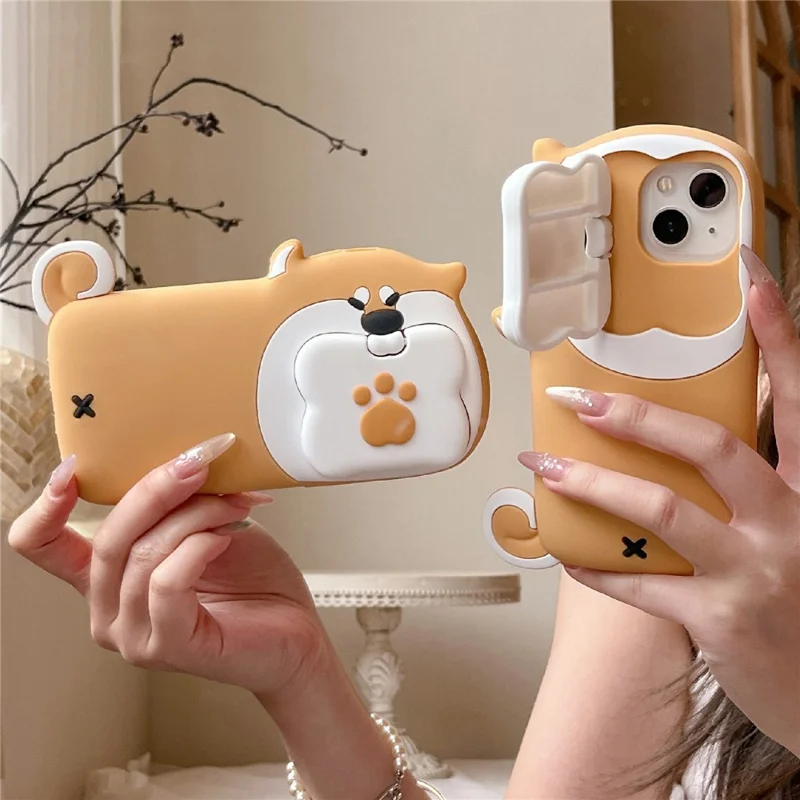 For iPhone 15 Silicone Case Dog Eating Bone Design Lens Cover Kickstand Phone Cover