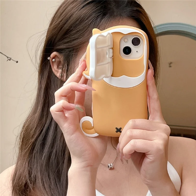For iPhone 15 Silicone Case Dog Eating Bone Design Lens Cover Kickstand Phone Cover