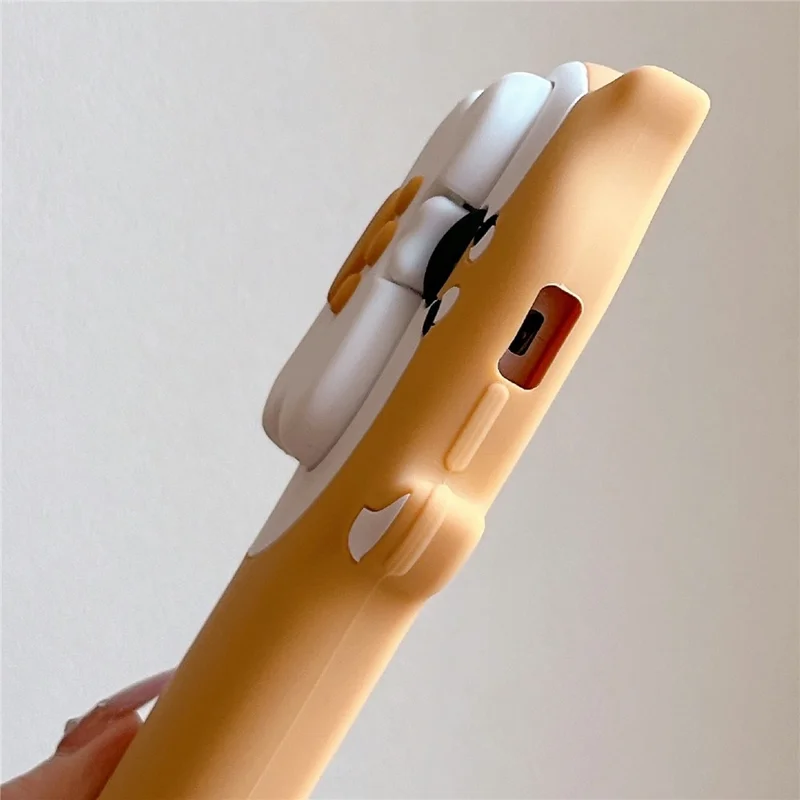 For iPhone 15 Silicone Case Dog Eating Bone Design Lens Cover Kickstand Phone Cover