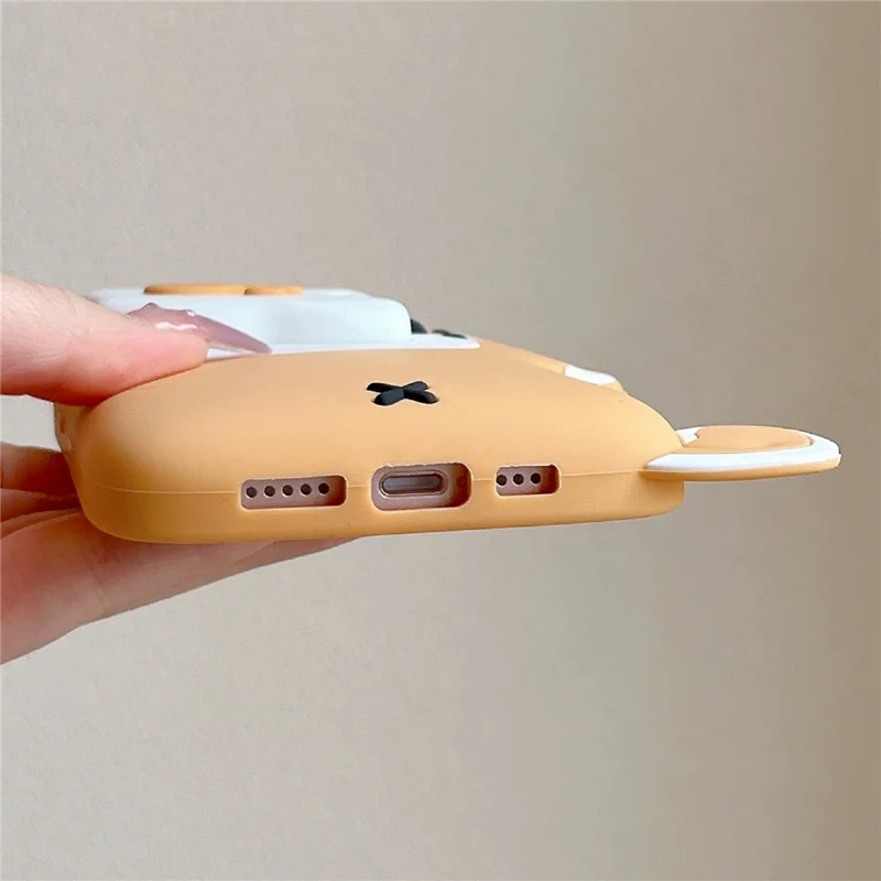 For iPhone 15 Silicone Case Dog Eating Bone Design Lens Cover Kickstand Phone Cover