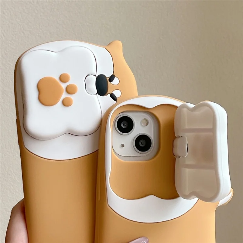 For iPhone 15 Silicone Case Dog Eating Bone Design Lens Cover Kickstand Phone Cover