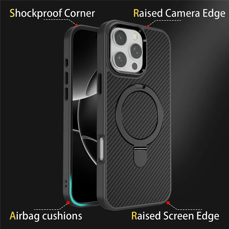 For iPhone 16 Pro Max Case Compatible with MagSafe Kickstand Carbon Fiber Texture TPU + PC Phone Cover - Black