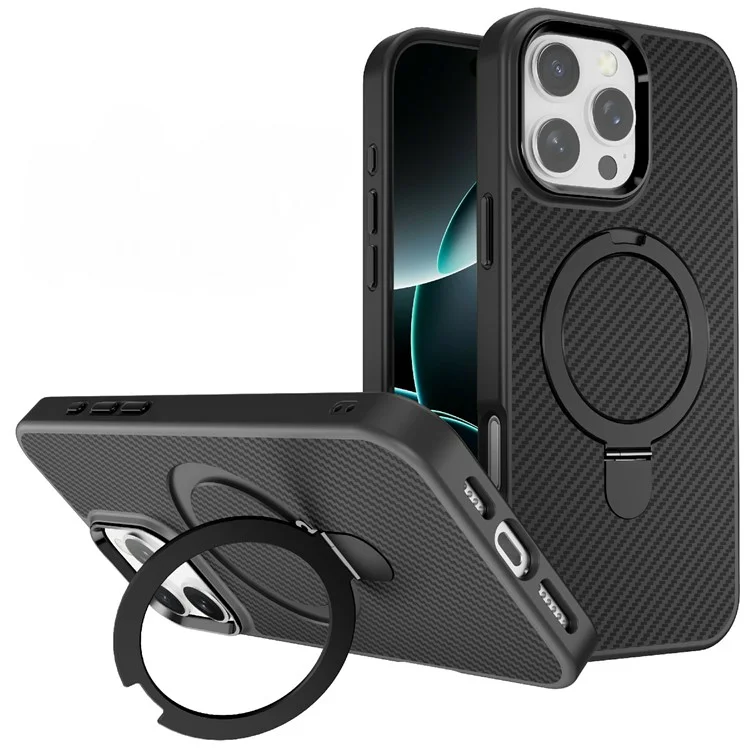 For iPhone 16 Pro Case Compatible with MagSafe Kickstand Carbon Fiber Texture TPU + PC Phone Cover - Black