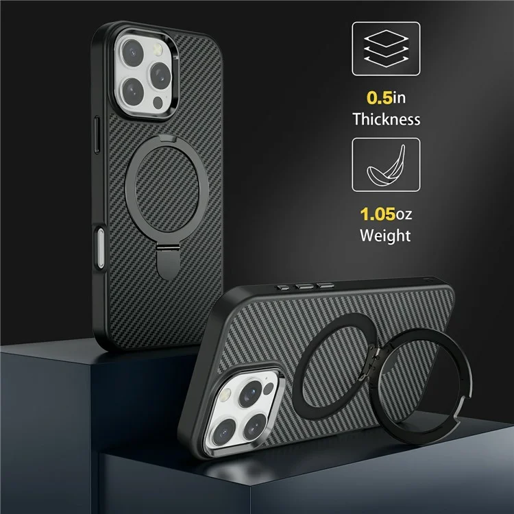 For iPhone 16 Pro Case Compatible with MagSafe Kickstand Carbon Fiber Texture TPU + PC Phone Cover - Black