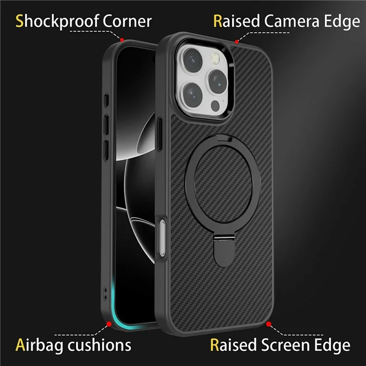 For iPhone 16 Pro Case Compatible with MagSafe Kickstand Carbon Fiber Texture TPU + PC Phone Cover - Black