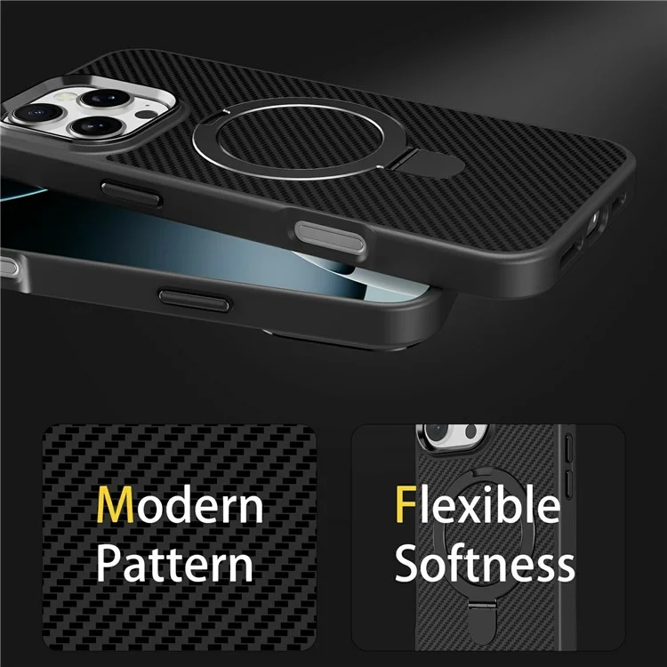 For iPhone 16 Pro Case Compatible with MagSafe Kickstand Carbon Fiber Texture TPU + PC Phone Cover - Black