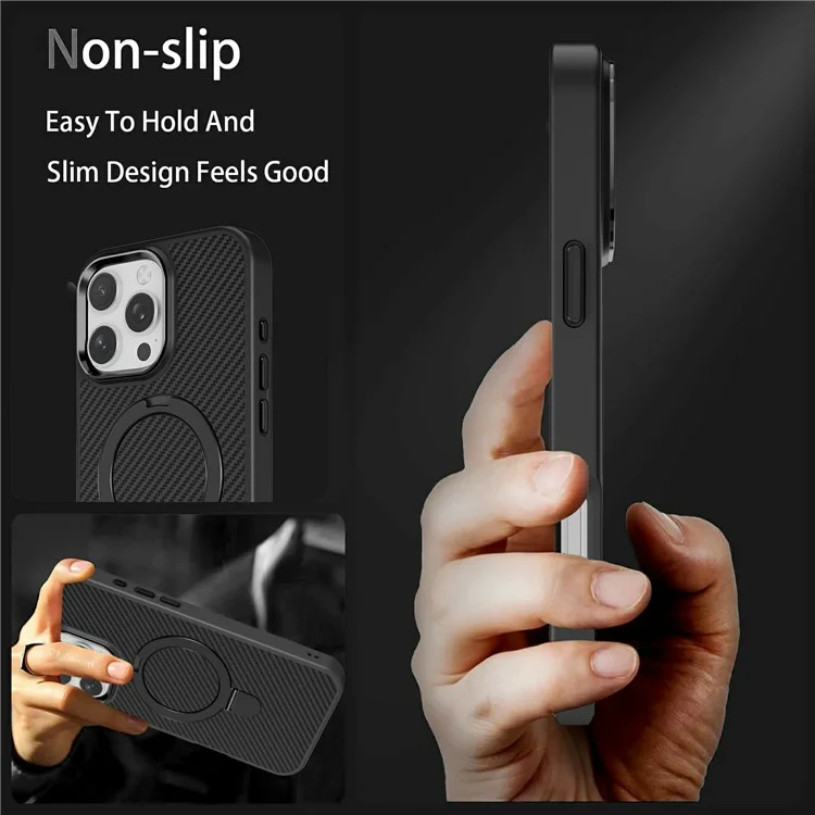 For iPhone 16 Pro Case Compatible with MagSafe Kickstand Carbon Fiber Texture TPU + PC Phone Cover - Black
