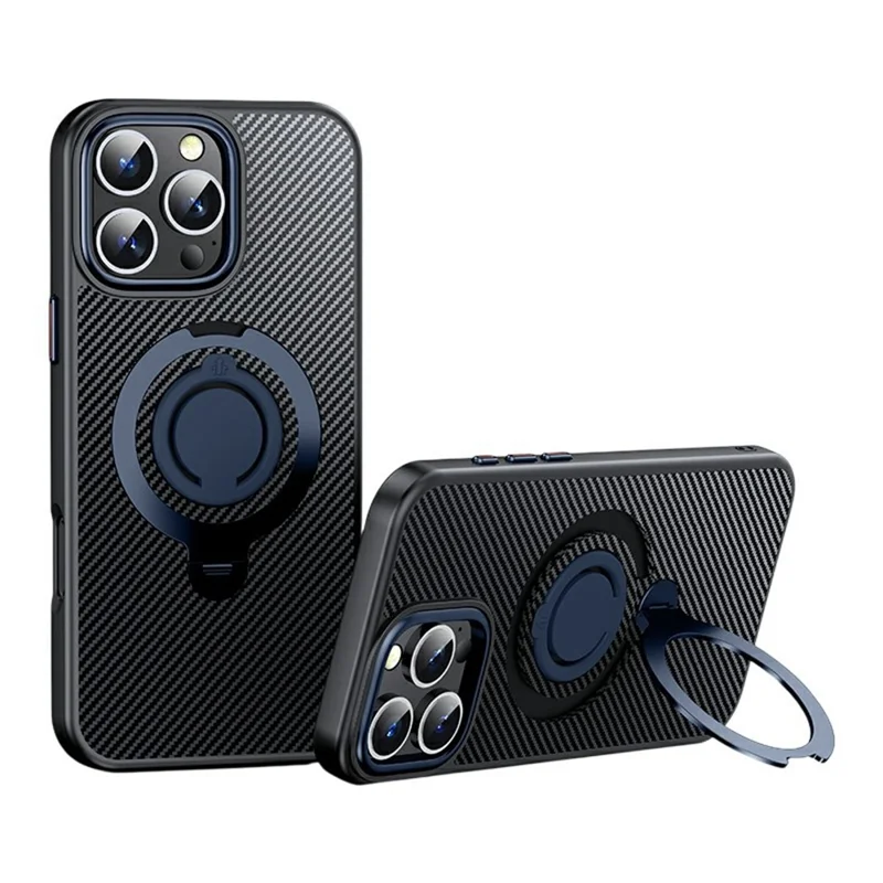 For iPhone 16 Pro Max Case Compatible with MagSafe Kickstand Carbon Fiber Texture PC + TPU Back Cover with Silicone Ring - Titanium Blue