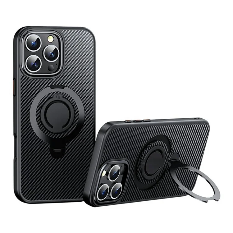 For iPhone 16 Pro Case Compatible with MagSafe Kickstand Carbon Fiber Texture PC + TPU Back Cover with Silicone Ring - Black
