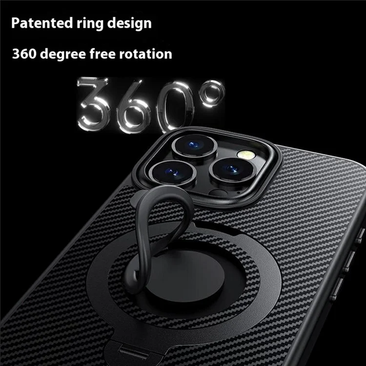 For iPhone 16 Pro Case Compatible with MagSafe Kickstand Carbon Fiber Texture PC + TPU Back Cover with Silicone Ring - Black