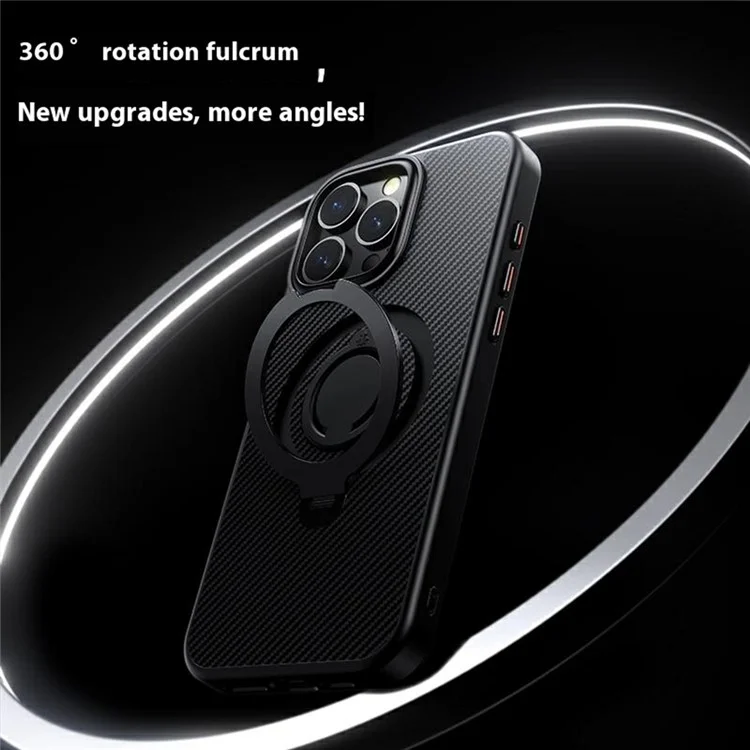 For iPhone 16 Pro Case Compatible with MagSafe Kickstand Carbon Fiber Texture PC + TPU Back Cover with Silicone Ring - Black