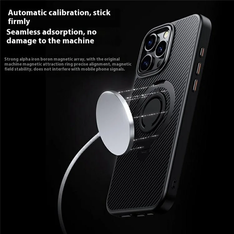 For iPhone 16 Pro Case Compatible with MagSafe Kickstand Carbon Fiber Texture PC + TPU Back Cover with Silicone Ring - Black