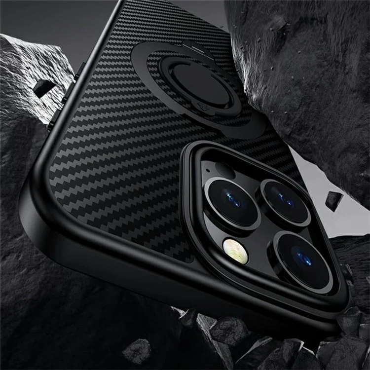 For iPhone 16 Pro Case Compatible with MagSafe Kickstand Carbon Fiber Texture PC + TPU Back Cover with Silicone Ring - Black