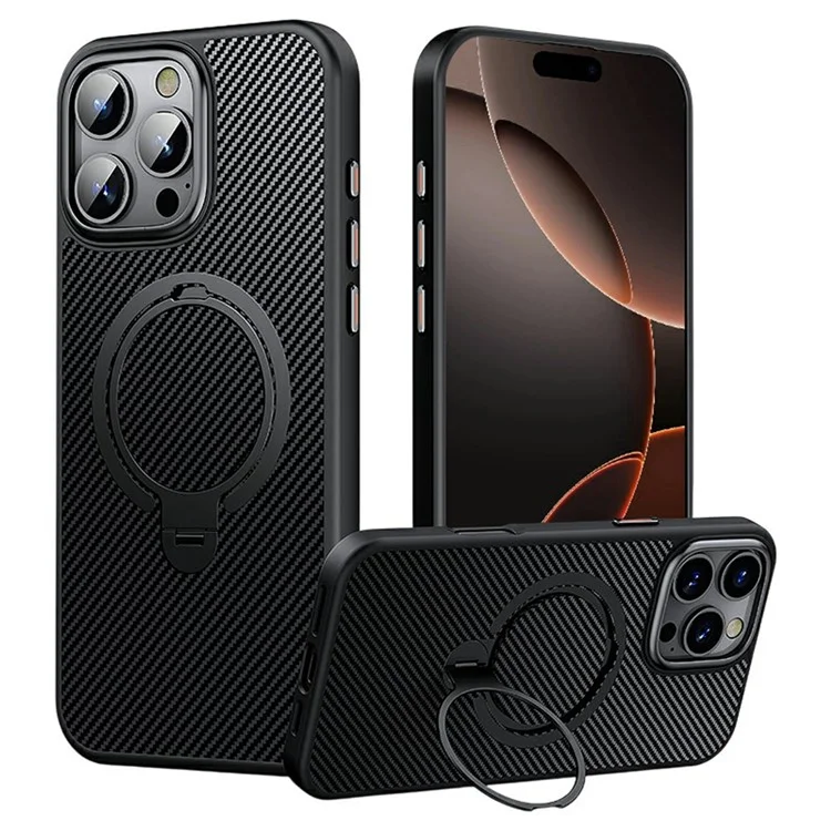 For iPhone 16 Pro Case Compatible with MagSafe Kickstand Carbon Fiber Texture PC + TPU Back Cover - Black