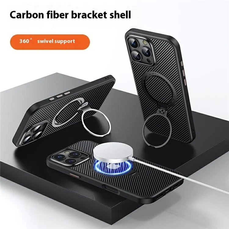 For iPhone 16 Pro Case Compatible with MagSafe Kickstand Carbon Fiber Texture PC + TPU Back Cover - Black