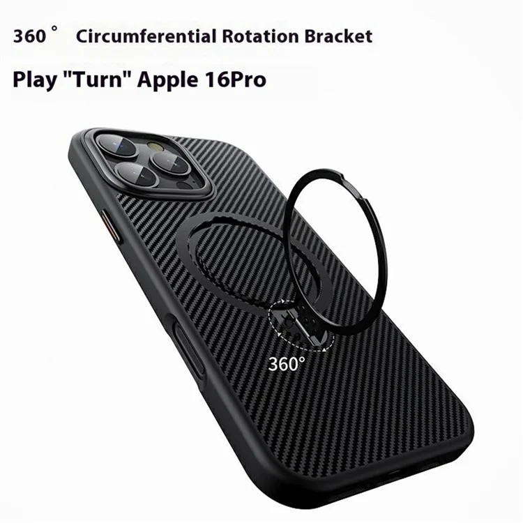 For iPhone 16 Pro Case Compatible with MagSafe Kickstand Carbon Fiber Texture PC + TPU Back Cover - Black