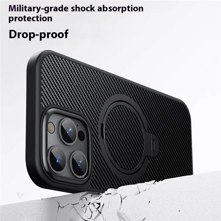 For iPhone 16 Pro Case Compatible with MagSafe Kickstand Carbon Fiber Texture PC + TPU Back Cover - Black