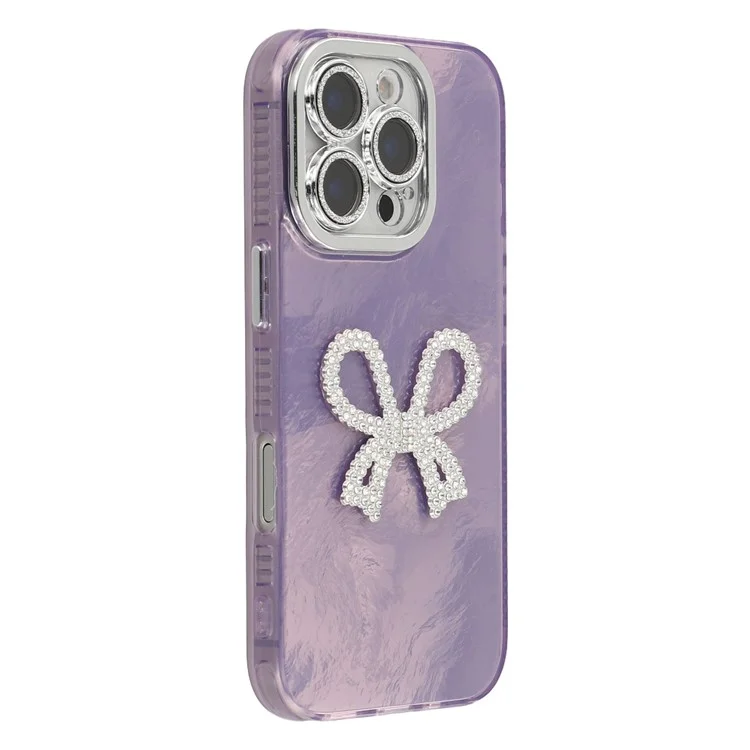 Étui pour iPhone 16 Pro avec Nœud Décoratif Grand Format Motif IMD PC + TPU Housse de Téléphone avec Film de Protection d'Objectif en Verre - Motif Métallisé / Violet