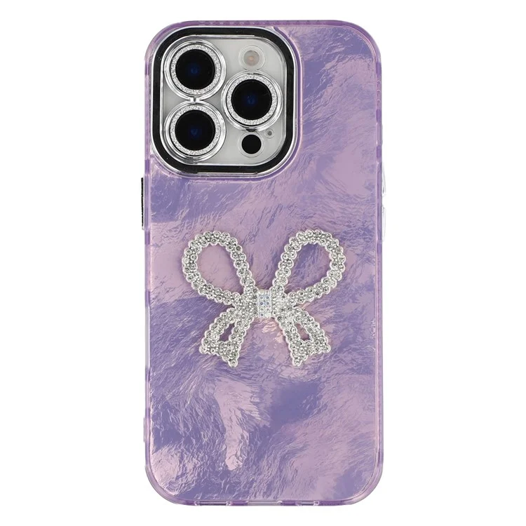 Étui pour iPhone 16 Pro avec Nœud Décoratif Grand Format Motif IMD PC + TPU Housse de Téléphone avec Film de Protection d'Objectif en Verre - Motif Métallisé / Violet