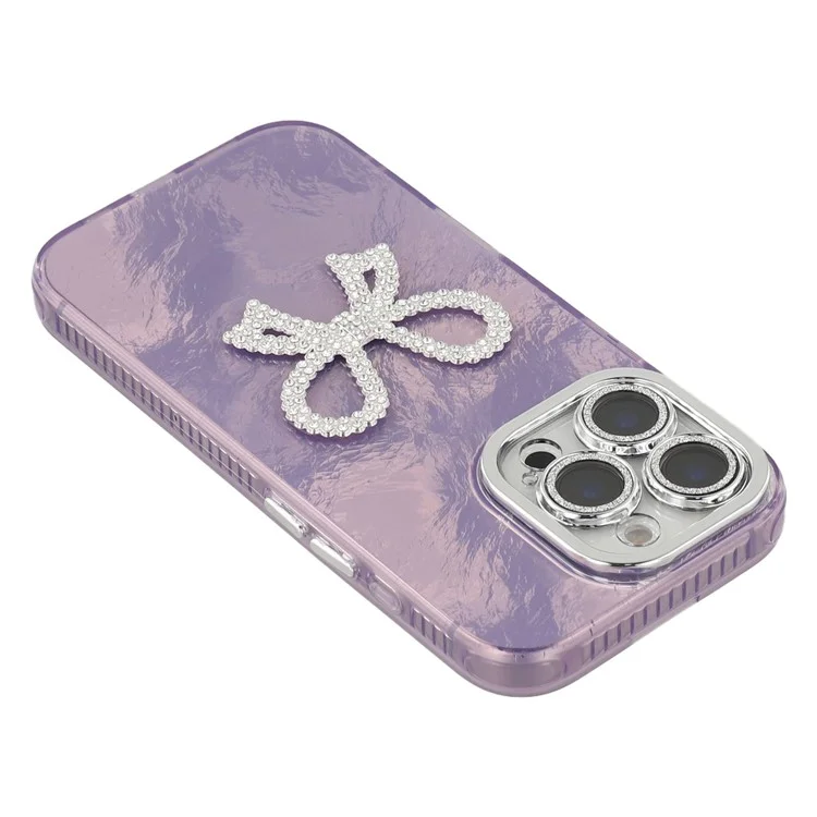 Étui pour iPhone 16 Pro avec Nœud Décoratif Grand Format Motif IMD PC + TPU Housse de Téléphone avec Film de Protection d'Objectif en Verre - Motif Métallisé / Violet